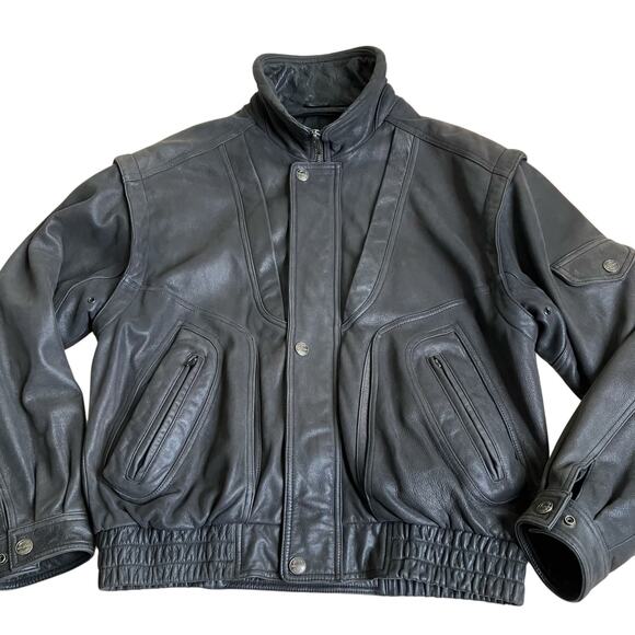 Wilsons Leather Mens Sz M VTG Bomber Jacket Black Biker Motorcycle Aviator Worn - Picture 1 of 16